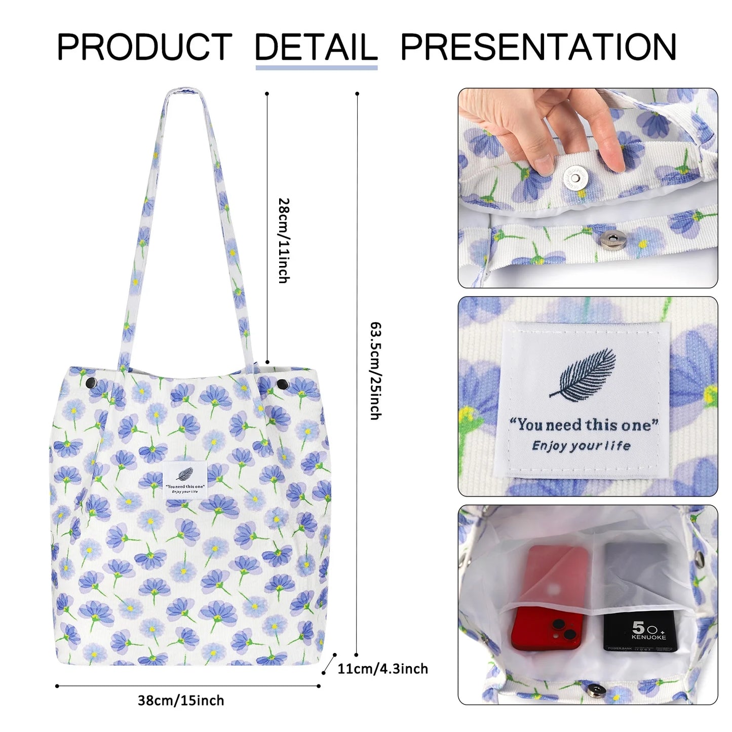 Corduroy Tote Bag Large for Women Handbags with Inner Pocket