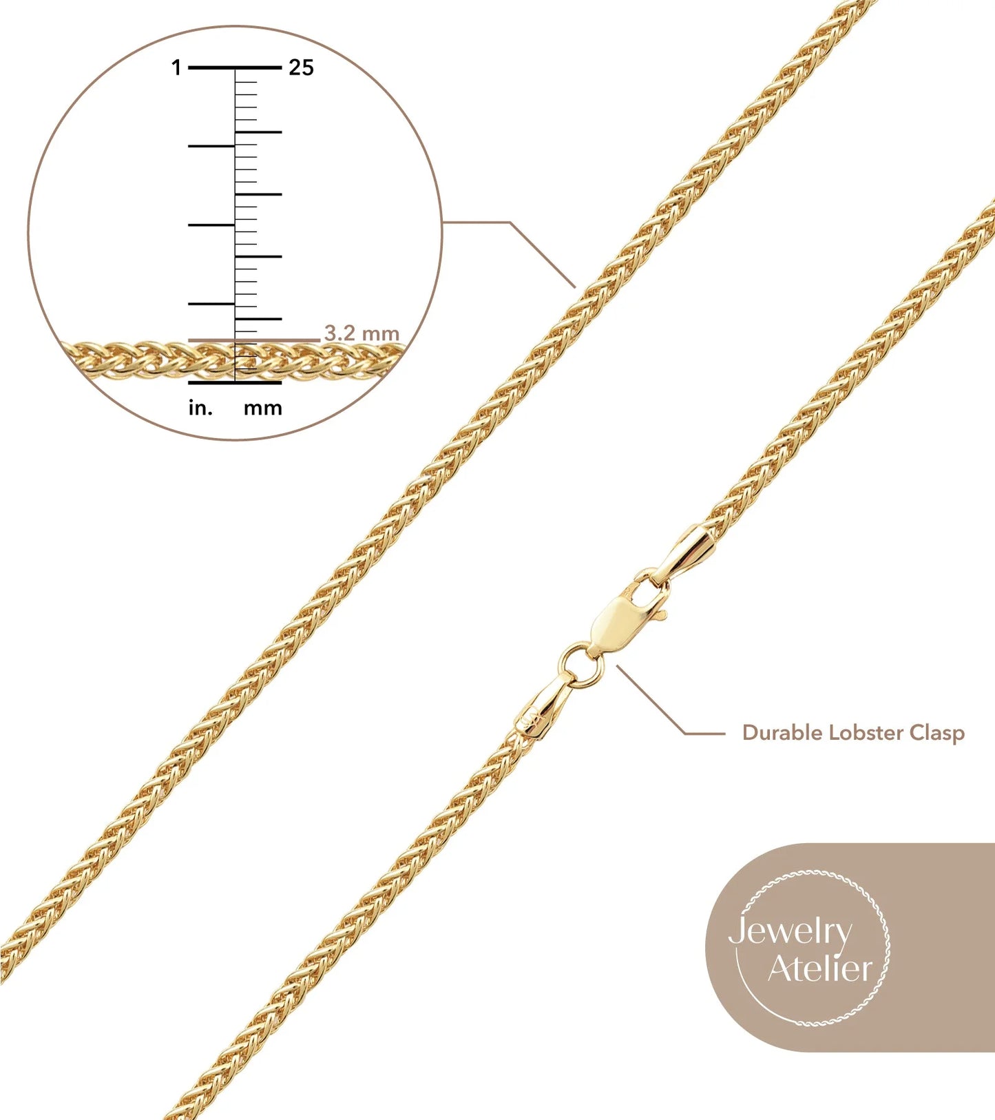 Gold Chain Necklace Collection - 14K Solid Yellow Gold Filled round Wheat/Palm Chain Necklaces for Women with Different Sizes (2.5Mm, or 3.2Mm)