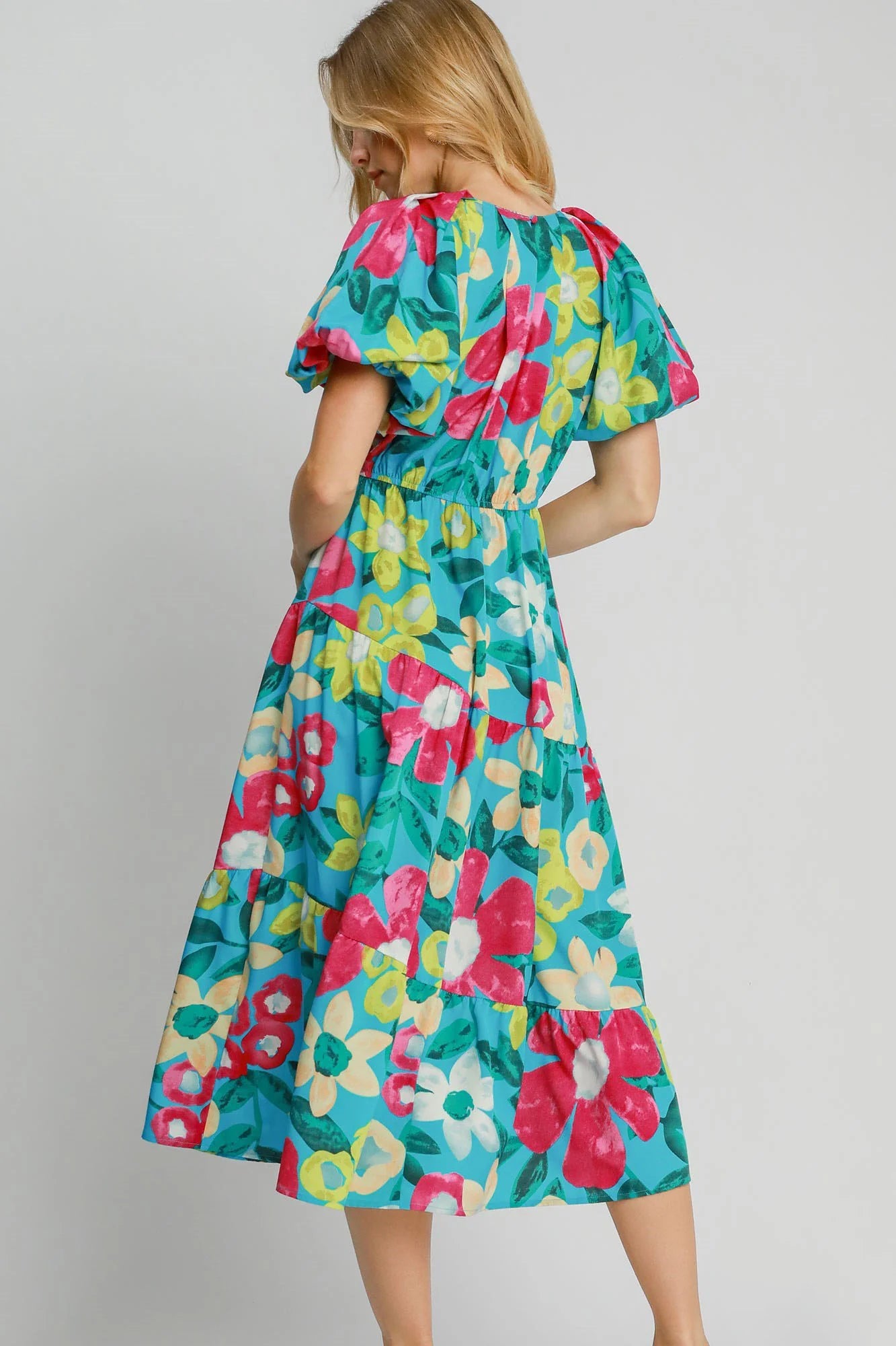 Umgee Full Size Tiered Floral Print Notched Puff Sleeve Midi Dress plus Size