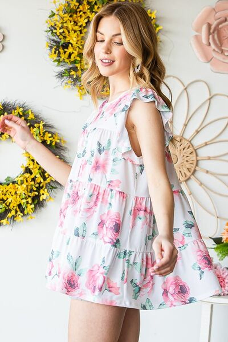 Heimish Full Size Butterfly Short Sleeve round Neck Floral Print Tiered Top plus Size
