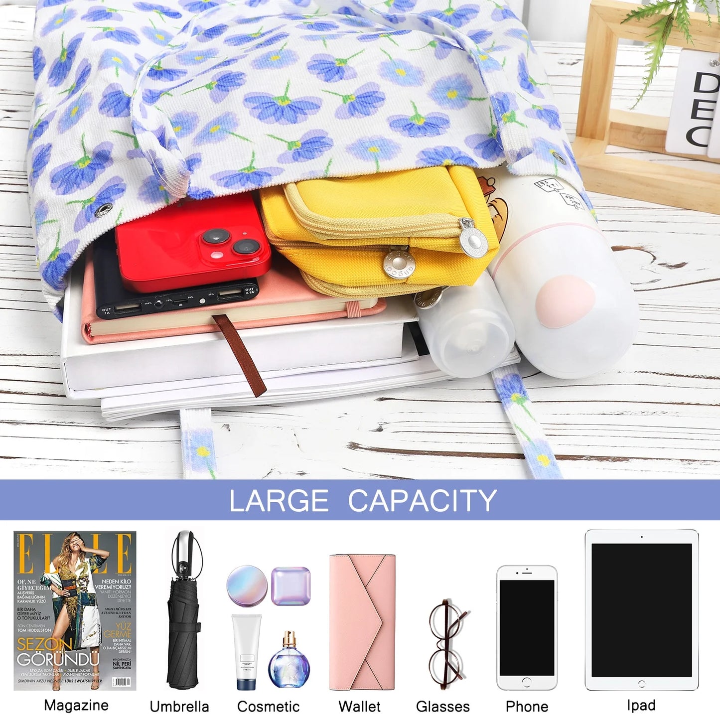 Corduroy Tote Bag Large for Women Handbags with Inner Pocket