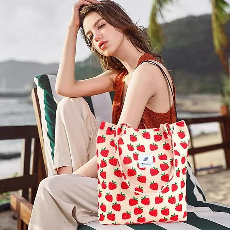 Corduroy Tote Bag for Women Girl Canvas Shoulder Cord Purse with Inner Pocket (Strawberry)
