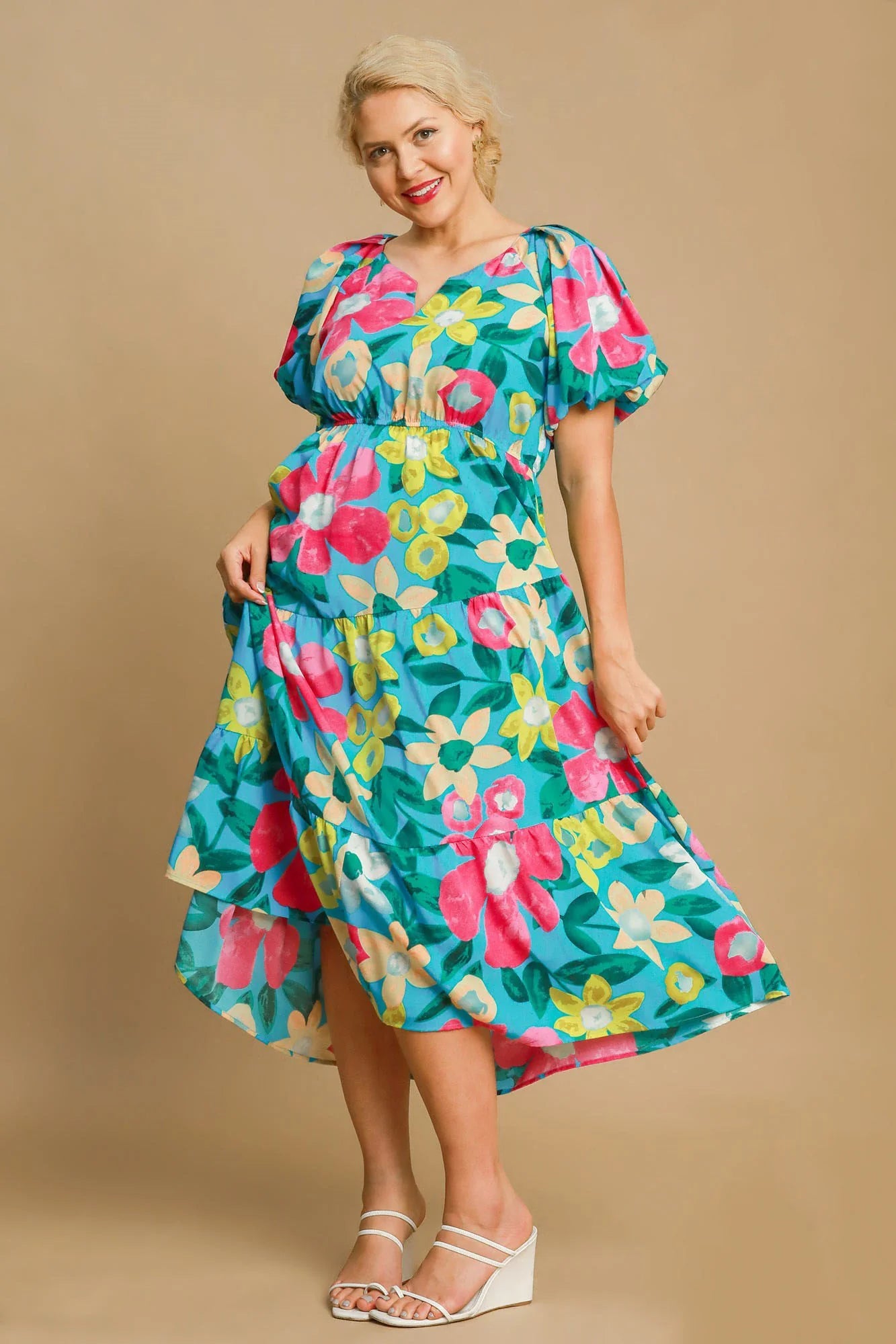 Umgee Full Size Tiered Floral Print Notched Puff Sleeve Midi Dress plus Size