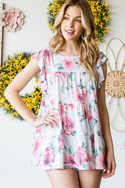 Heimish Full Size Butterfly Short Sleeve round Neck Floral Print Tiered Top plus Size