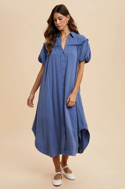 Annie Wear Mineral Washed Button down Puff Sleeve Shirt Dress
