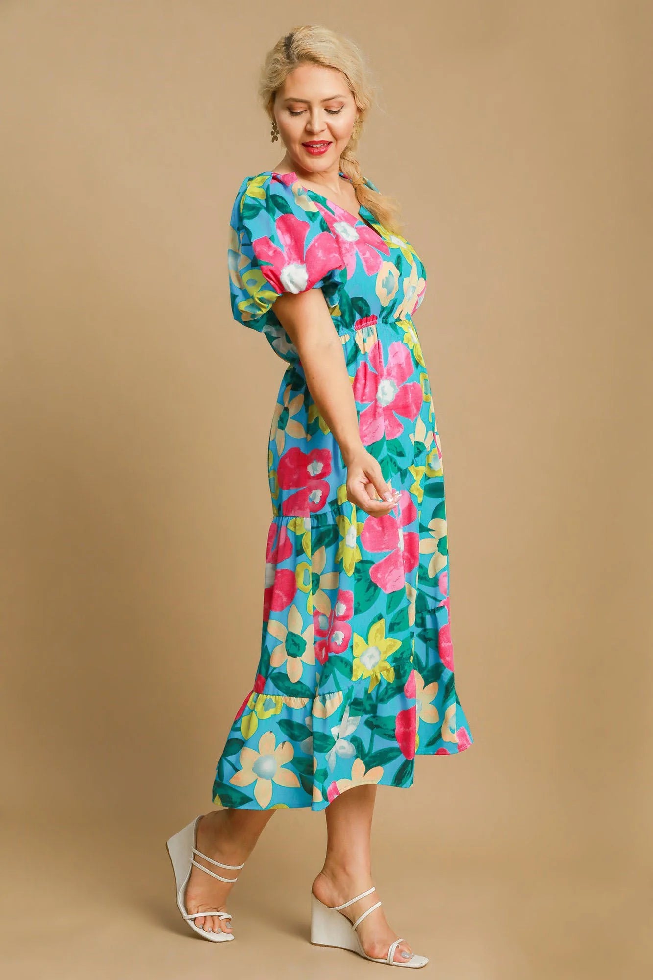 Umgee Full Size Tiered Floral Print Notched Puff Sleeve Midi Dress plus Size