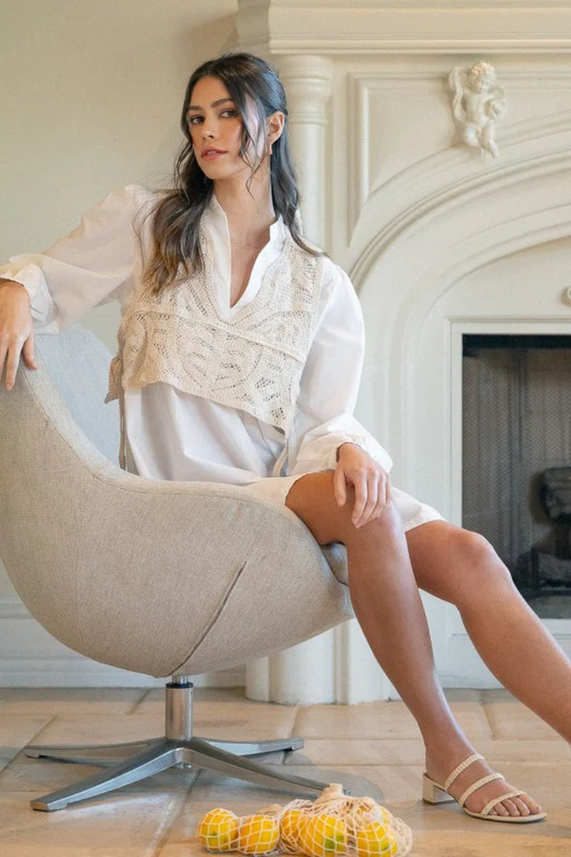 Annie Wear Crochet Vest Shirt Dress with Notched Long Sleeves