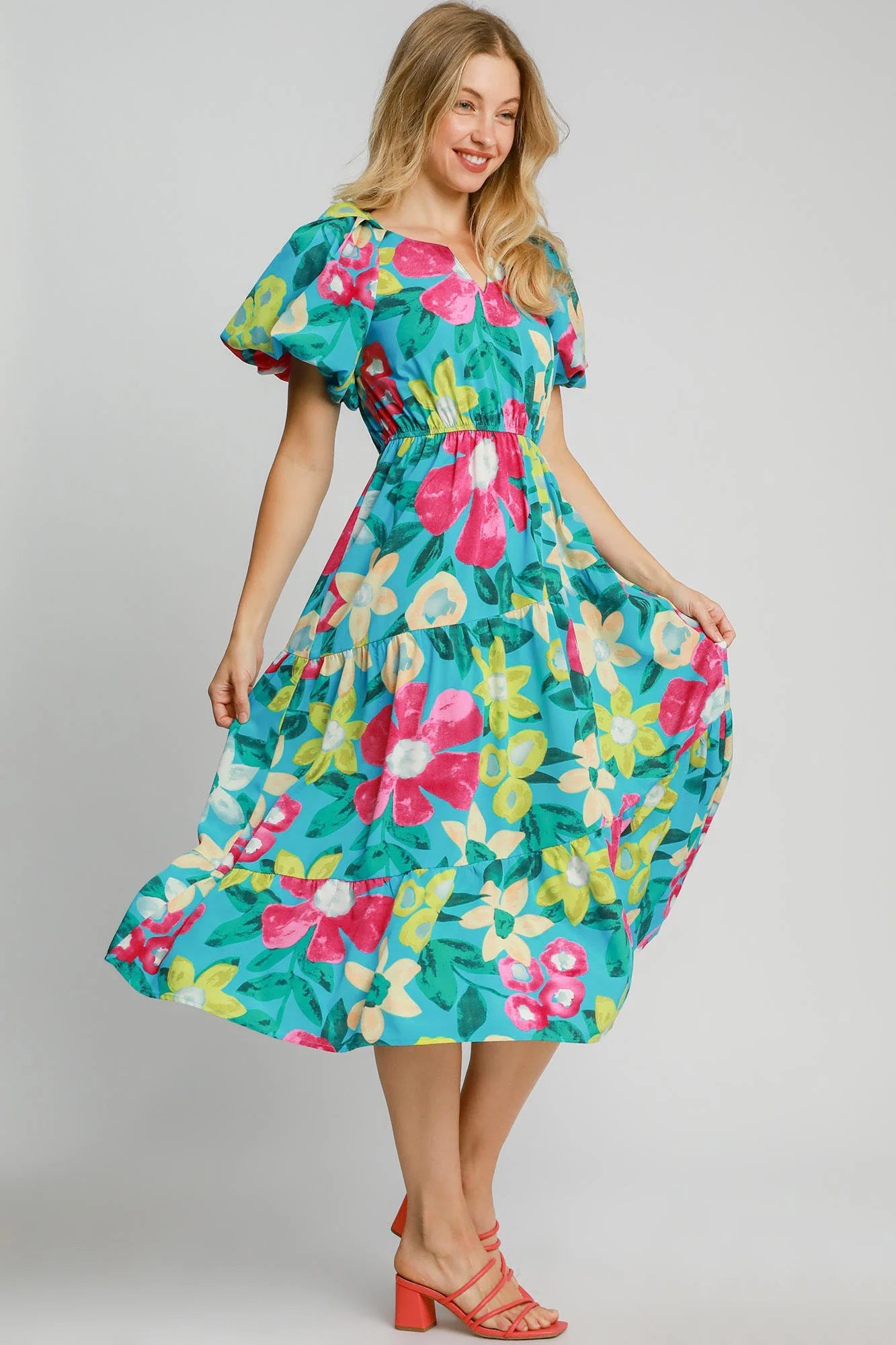 Umgee Full Size Tiered Floral Print Notched Puff Sleeve Midi Dress plus Size
