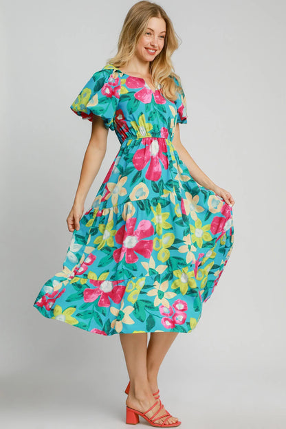 Umgee Full Size Tiered Floral Print Notched Puff Sleeve Midi Dress plus Size
