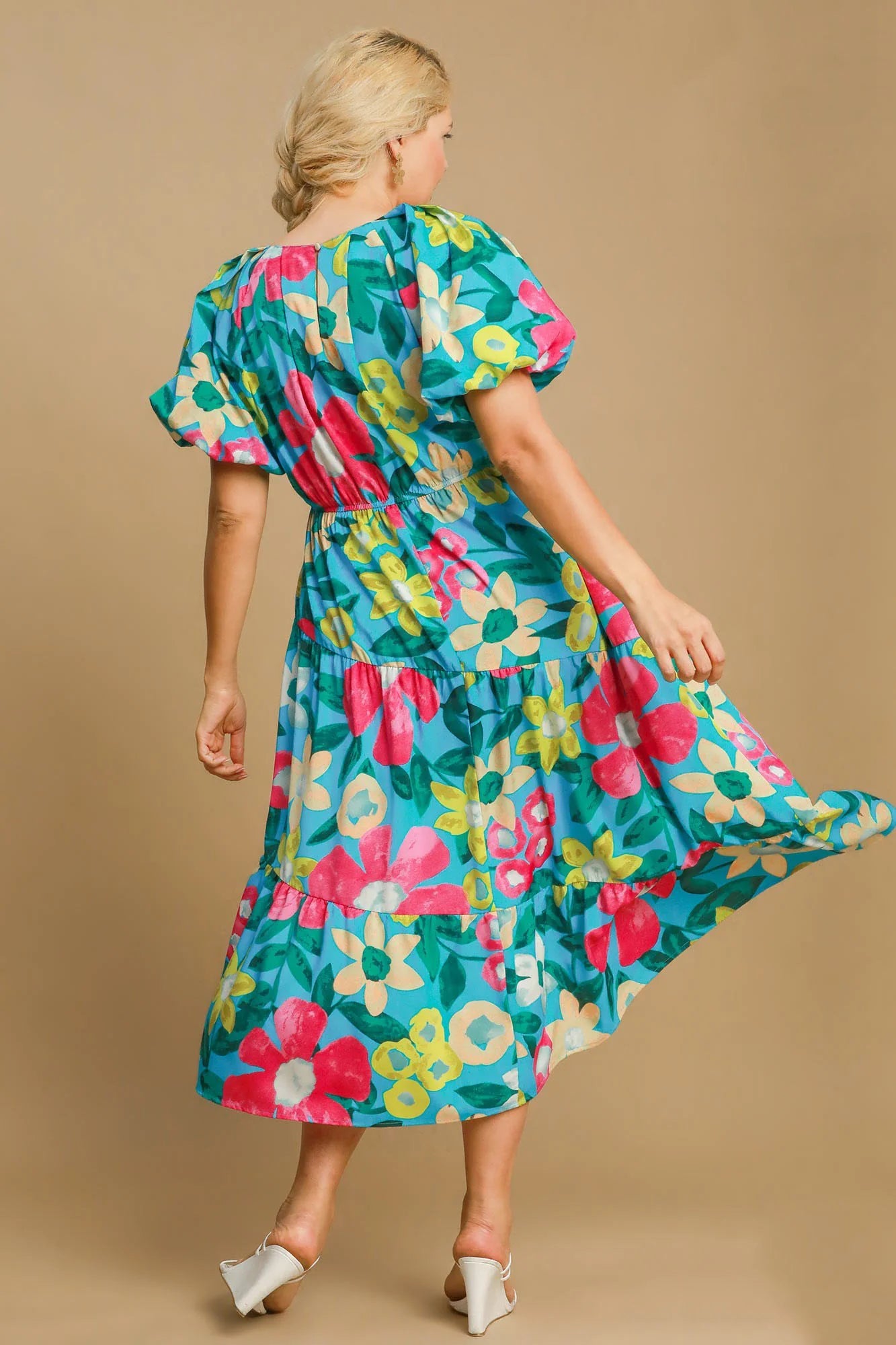 Umgee Full Size Tiered Floral Print Notched Puff Sleeve Midi Dress plus Size
