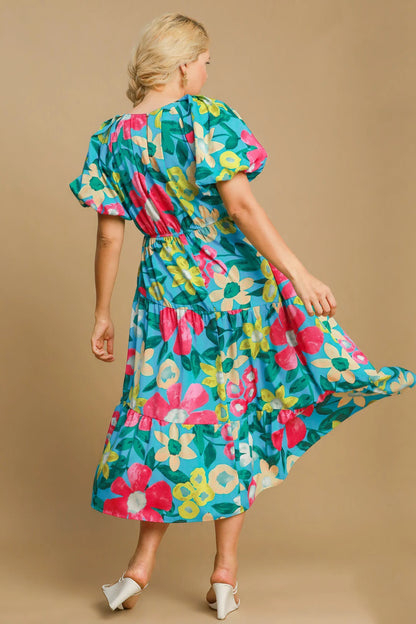 Umgee Full Size Tiered Floral Print Notched Puff Sleeve Midi Dress plus Size