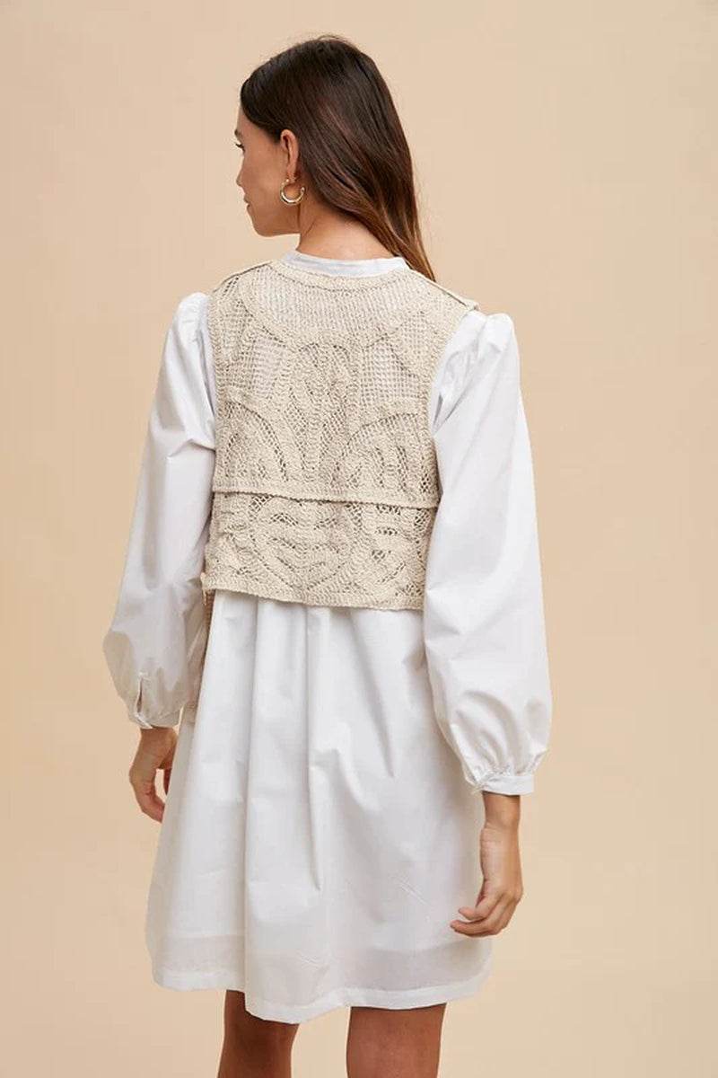 Annie Wear Crochet Vest Shirt Dress with Notched Long Sleeves