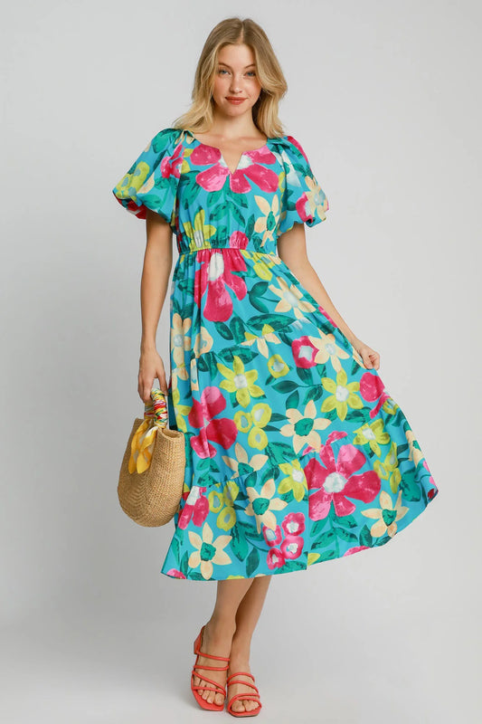 Umgee Full Size Tiered Floral Print Notched Puff Sleeve Midi Dress plus Size