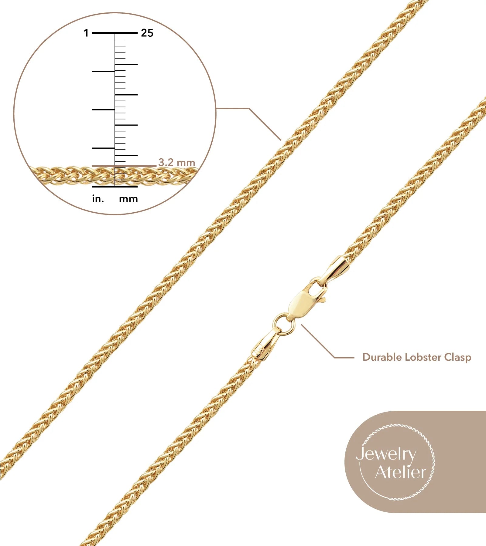 Gold Chain Necklace Collection - 14K Solid Yellow Gold Filled round Wheat/Palm Chain Necklaces for Women with Different Sizes (2.5Mm, or 3.2Mm)