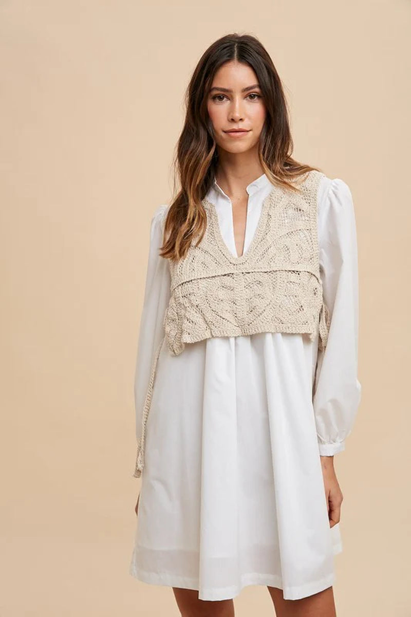 Annie Wear Crochet Vest Shirt Dress with Notched Long Sleeves