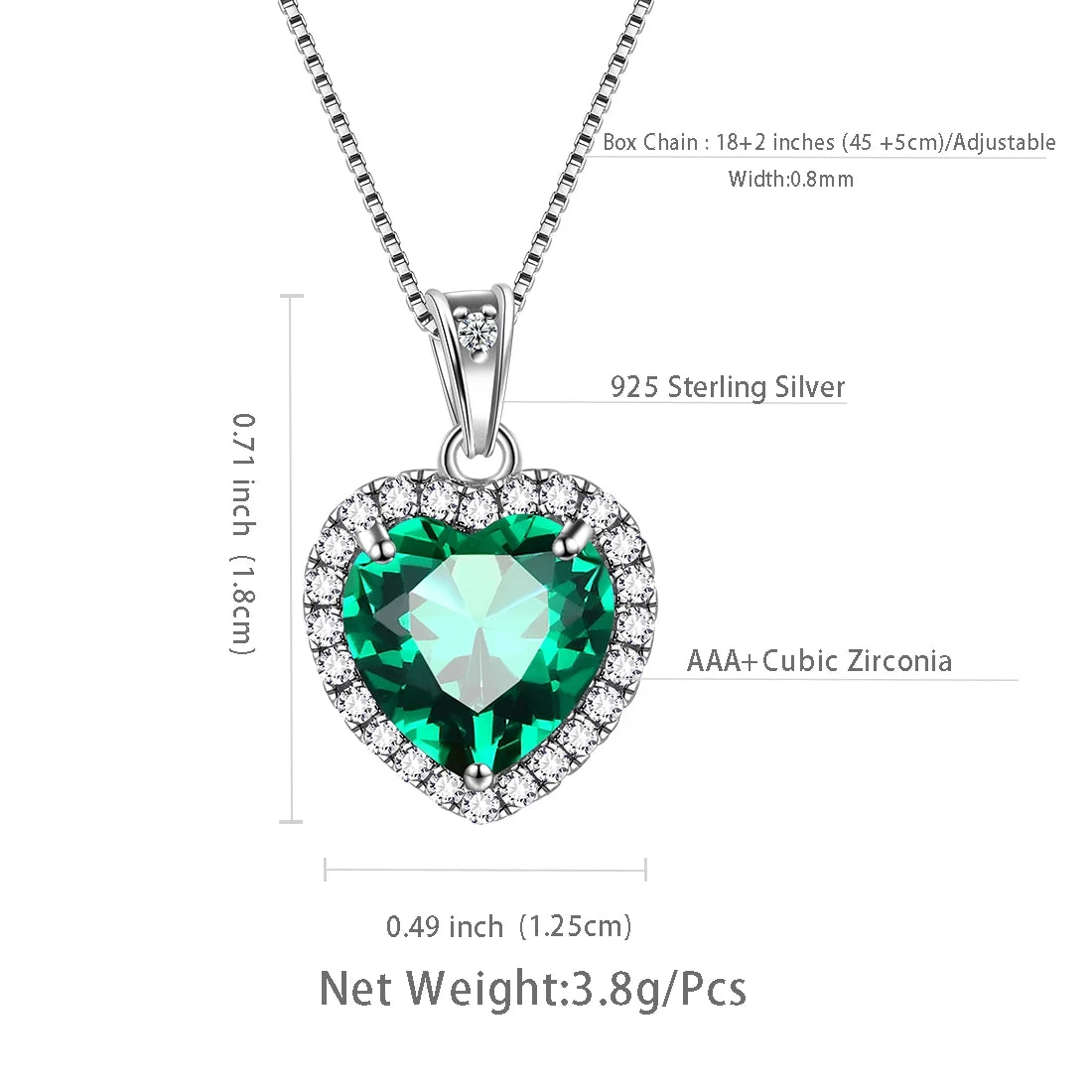 May Birthstone Necklace Women Green Heart Emerald CZ 925 Sterling Silver Pendant Jewelry Mother'S Day Gift