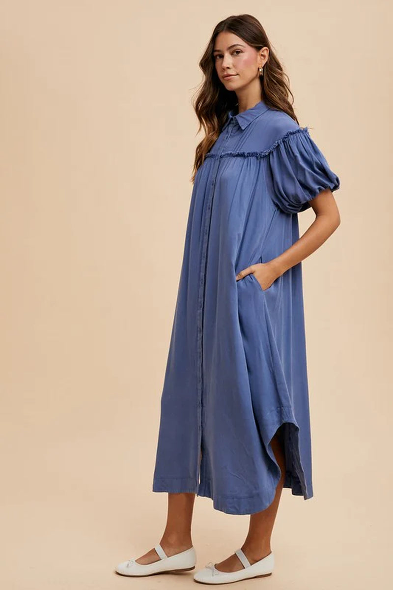 Annie Wear Mineral Washed Button down Puff Sleeve Shirt Dress