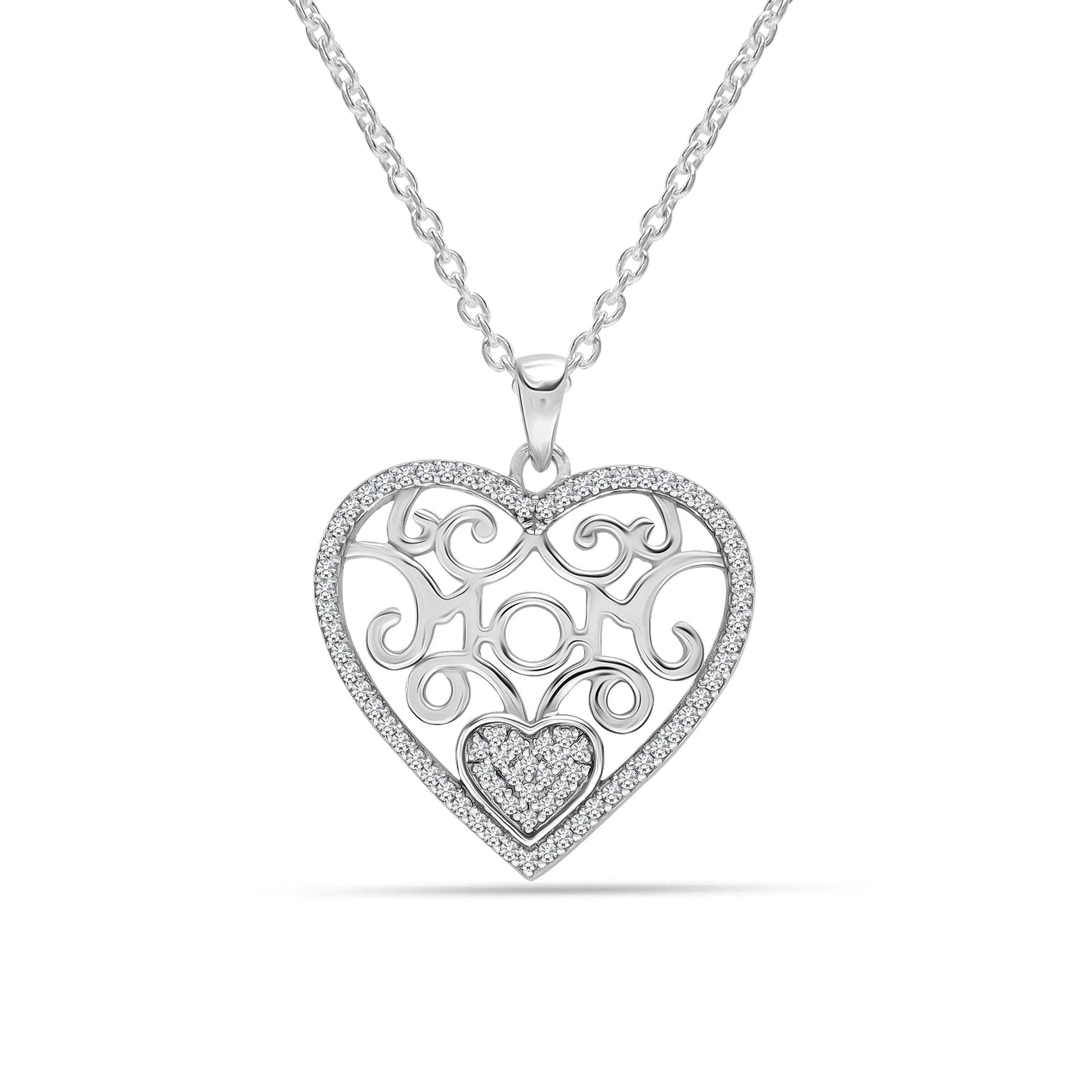 Sterling Silver Light-Weight CZ Filigree Heart Pendant Necklace Jewelry Gifts for Women and Teen 18" Inch