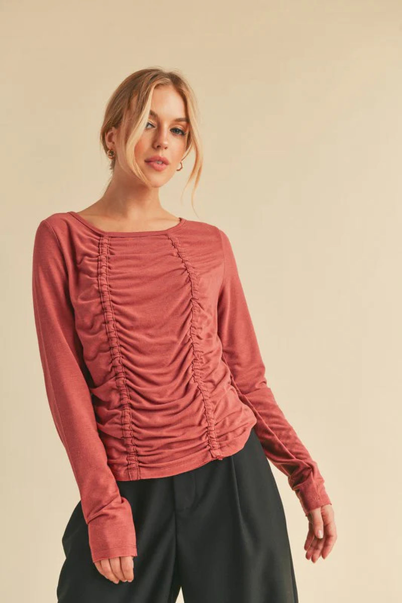 Aemi+Co Ruched Front round Neck Long Sleeve T-Shirt
