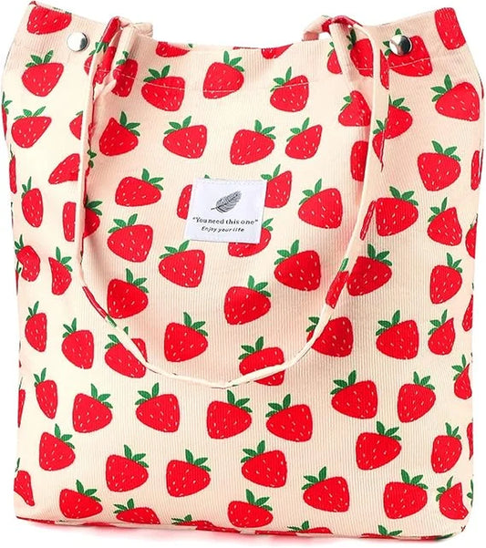 Corduroy Tote Bag for Women Girl Canvas Shoulder Cord Purse with Inner Pocket (Strawberry)