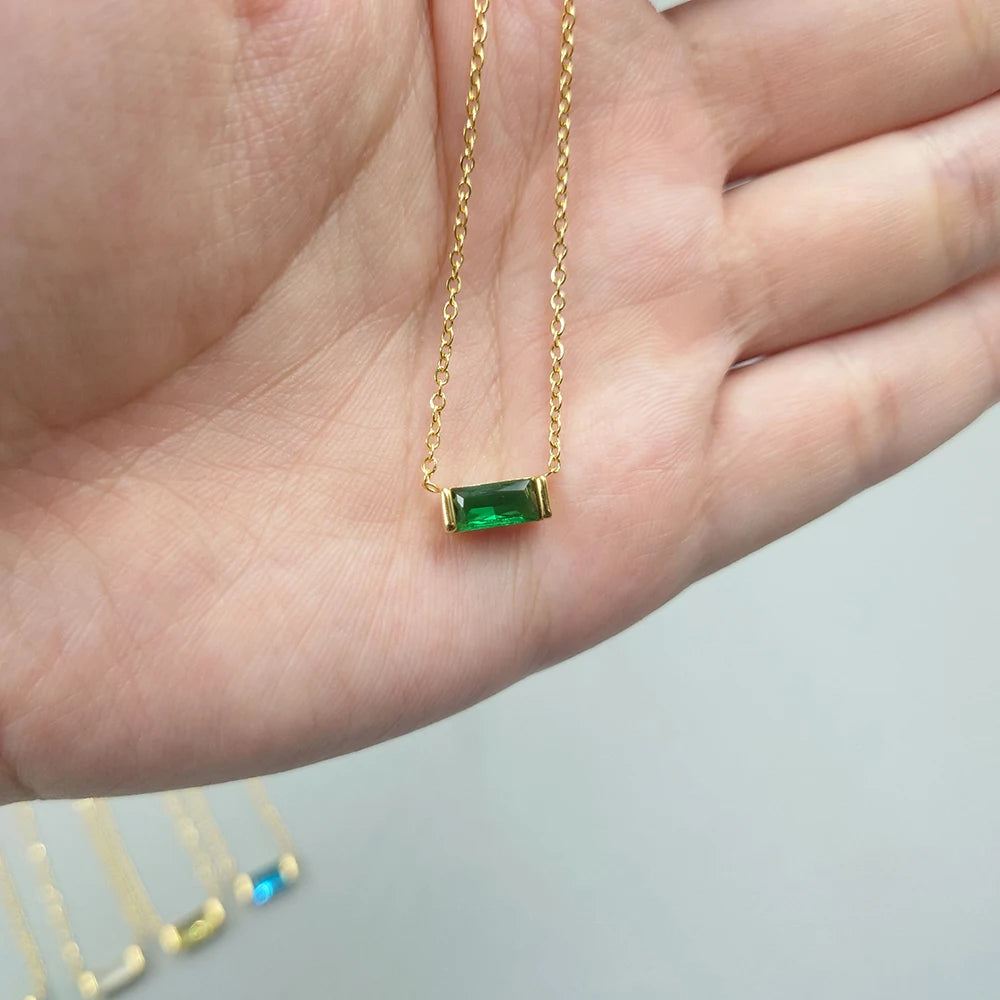 Dainty Baguette Birthstone Charm Necklace