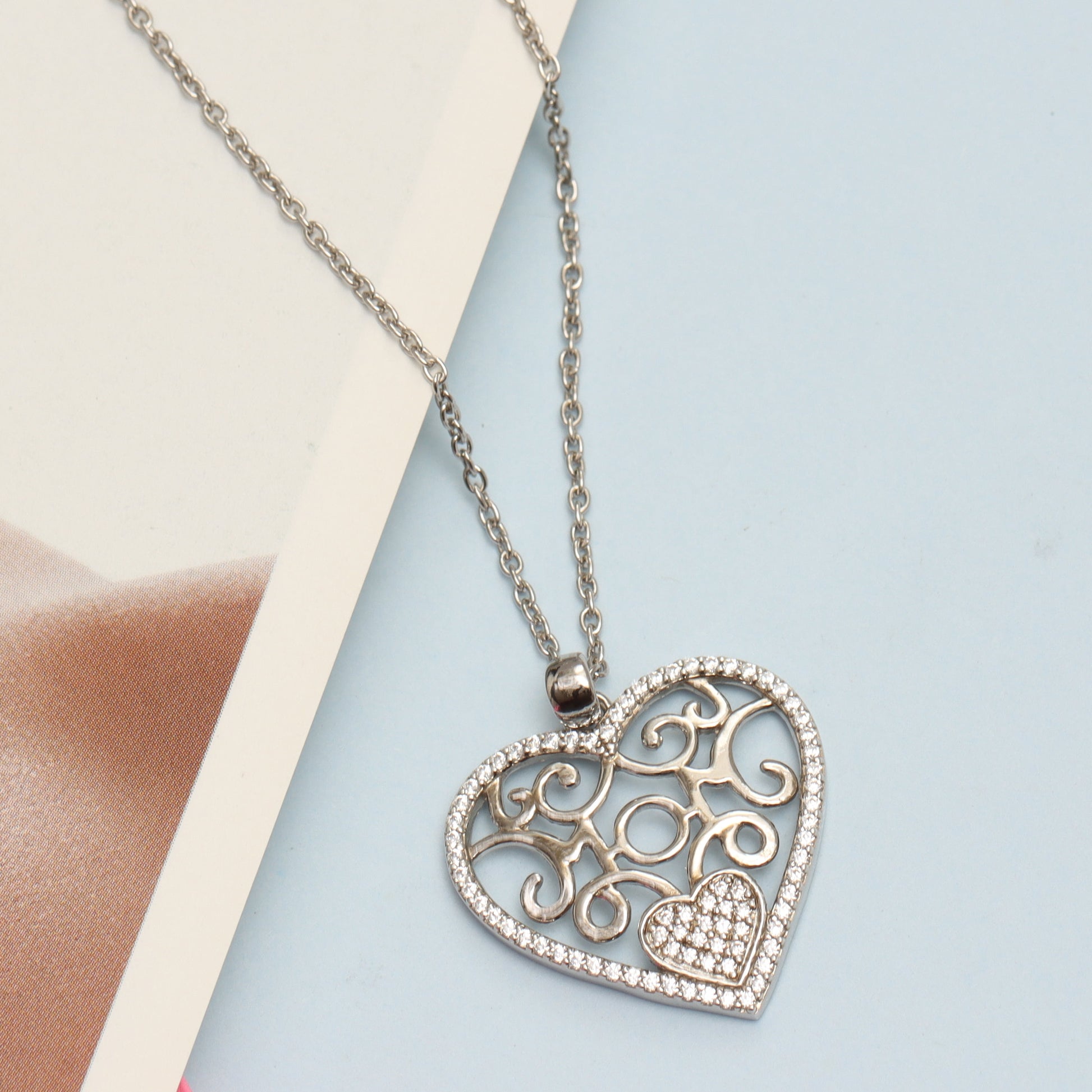 Sterling Silver Light-Weight CZ Filigree Heart Pendant Necklace Jewelry Gifts for Women and Teen 18" Inch