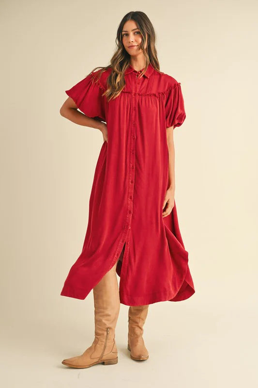 Annie Wear Mineral Washed Button down Puff Sleeve Shirt Dress